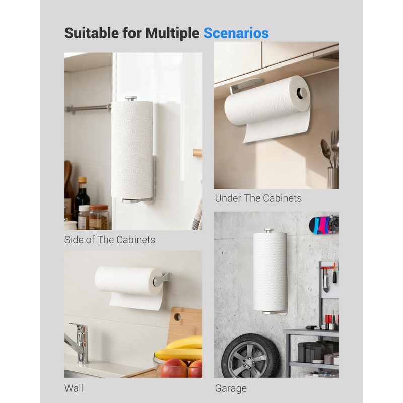 Paper Towel Holder Under Cabinet, One-Handed Tear, Wall Mount, Adhesive,
