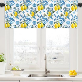 Summer Lemon Curtains Valance for Kitchen, Lemons Blue Branches Semi Sheer Valances Curtains, Rod Pocket Short Window Light Filtering Decor Valances for Kitchen Farmhouse Living Room Bathroom 54"x18"