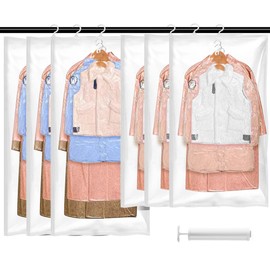 WeeGoo Hanging Vacuum Storage Bags for Clothes with Pump, 6 Pack (3 Long 135 x 70 cm & 3 Short 110 x 70 cm) Space Saving Hanging Storage Bags Vacuum Pack for Coats, Suits, Dresses, Quilts