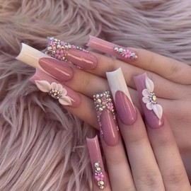 24 Pcs White French Press on Nails Long Square Water Pipe Fake Nails Pink False Nails with 3D White Flower Rhinestones Design Glossy Nail Tips Full Cover Gel Glue on Nails for Coquette Women