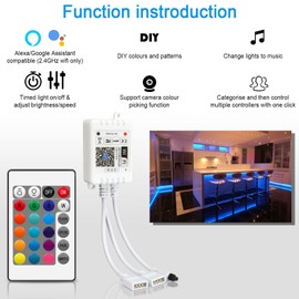 VIPMOON LED Controller 24 V, WiFi Controller IR 4 Pin RGB Remote Control with 24 Buttons LED Control 12 V with Alexa and Google Home for RGB Strip 2835 5050 Strips 20 Dynamic Modes (2 Port)