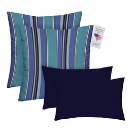 RSH DECOR: Lumbar & Square Pillows Set of 4 | 20" x 12" & 17" x 17" | Sunbrella Performance Fabric | Indoor Outdoor Throw Pillows for Patio Furniture | Black & Blue Stripe & Solid Navy - Made in USA