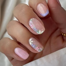 GlamRays 24 Pcs Pink Flower Short Almond Stick-On Nail Set - Light Pink Stick-On Nails Square Glossy Solid Acrylic Full Coverage