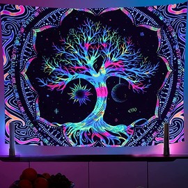 Blacklight Tree of Life Tapestry - UV Reactive Spiritual Life Tree Wall Hanging Glow in the Dark Tapestry for Backdrop Bedroom Dorm Living Room Decor (Tree, S(130 * 150))