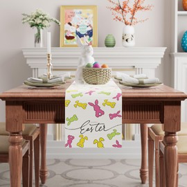 BOTB LIHM Happy Easter Colorful Bunny Cloth Table Runner Burlap Table Decoration for Spring Home Kitchen Dining Dinner Indoor Holiday Farmhouse Decor 13x48 Inch