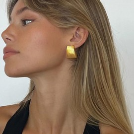 OWADAR Ribbed Statement Earrings Large Chunky Textured Earrings 18K Plated Statement Chunky Earrings Trendy Earring for Women - Gold