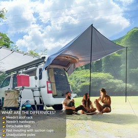 DANCHEL OUTDOOR Portable Suction Cups Car Rear/Side Awning Overland Camping, Needn't Roof Rack Mounting, Waterproof Vehicle Camper Awning Tarp for SUV Truck, 6.5ftx9.8ft Gray