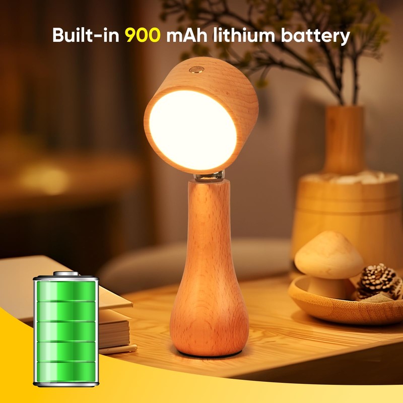 2 Pack LED Wooden Mushroom Lamp, Rechargeable Battery Operated Portable