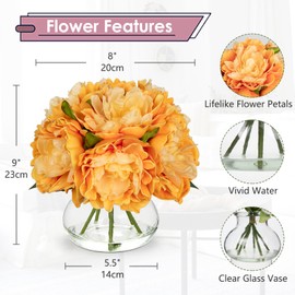 Hollyone Orange Peonies Artificial Flowers in Vase Fall Faux Flowers Peony Fake Flowers Silk Flower Arrangements with Glass Vase with Faux Water for Home Decor Bathroom Table Centerpiece Decorations