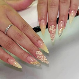 BABALAL Acrylic Press on Nails Medium Almond Fake Nails Yellow Glue on False Nails Flower Design Coquette Rhinestone Glossy Stiletto Manicure Summer 24Pcs