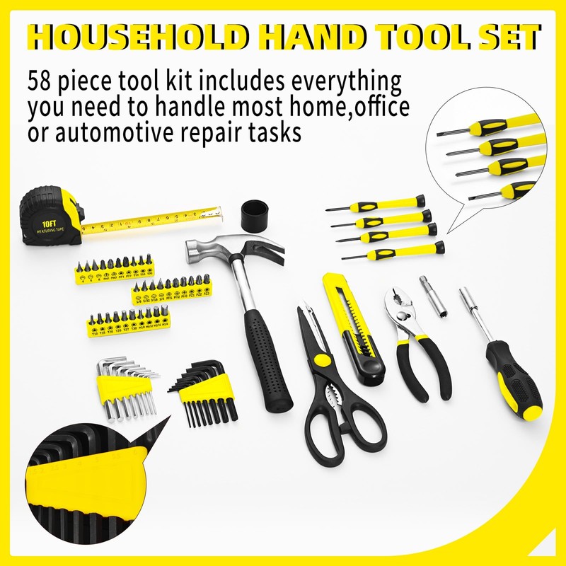 58-Piece Tool Kit Basic Home Repair Tool Set, General Household