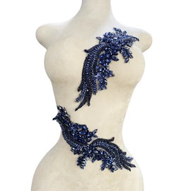 1 Pair Handmade Beaded Crystal Patches Bodice Lace DIY Applique Patches Accessory for Dress Clothes 35X12cm (Deepblue)