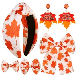 Thanksgiving Headband for Women, Autumn Fall Hair Bow Clips, Thanksgiving Fall Outfits Accessories, Cute Turkey Maple Leaf Headband Thanksgiving Cheer Bows Party Favor Gifts