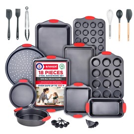 BAKKEN Kitchen Baking Pan Set - Nonstick Coating, Carbon Steel Bakeware Sets with Red Silicone Handles, Baking Kitchen Essentials, PFOA, PFOS, PTFE Free, Oven Safe Tray (Up To 450° F), Set of 18