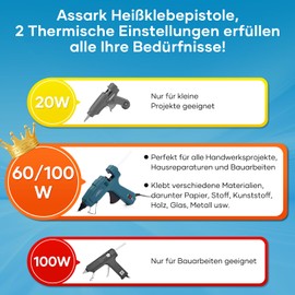 Assark Hei?klebepistole, 60/100W Klebepistole heissklebepistole mit 15 Stck Hei?klebestiften 11mm x 220mm fr Schule Basteln Heimwerken Kunst schnelle Reparaturen zu Hause