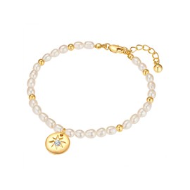 Yokoamii Women's Bracelet 14 Carat Yellow Gold-Plated Metal with Potato Freshwater Cultured Pearl Approx. 4.5-5.0 mm Pearl Bracelet, Cubic Zirconia