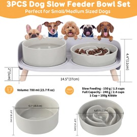 Elevated Slow Feeder Dog Bowls - Ceramic Food and Water Bowl Set with Stand - Raised Pet Dishes for Small and Medium Sized Dogs