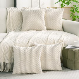Cozoomy Set of 4 Cream White Decorative Throw Pillow Covers 22x22 Inch Corduroy Pillow Covers for Bed Couch Sofa Living Room Soft Square Cushion Cases