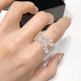 praymos 925 Sterling Silver Dainty Leaf Rings Rainbow Adjustable Open Ring for Women Cubic Zirconia Tree Jewelry Gifts for Women(C05-Blue Topaz Ring)
