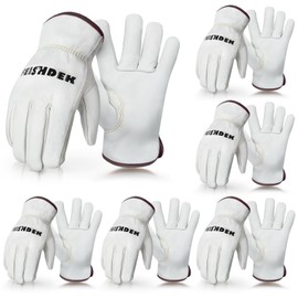 FEISHDEK Cowhide Leather Work Gloves for Men & Women, Durable for Heavy Duty Construction, Gardening, Ranch, Farm Gloves (White-6 Pairs, Large)