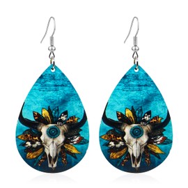 KaFu 4 Pairs Western Cowgirl Cowboy Earrings Boho Vintage Wood Teardrop Dangle Earrings for Women Turquoise Print Earrings (cowboy-3)