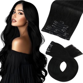 Moresoo Black Clip in Hair Extensions Human Hair for Women 24 Inch Real Human Hair Extensions Clip in Double Weft Clip in Human Hair Extensions Full Head Set Jet Black #1 7 Pieces 120 Grams