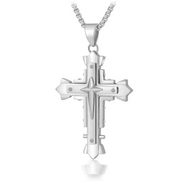 GOVENUS Stainless Steel Large Jesus Christ Cross Pendant Necklace Religious Jewelry For Men,On 24 In Rolo Chain,Silver
