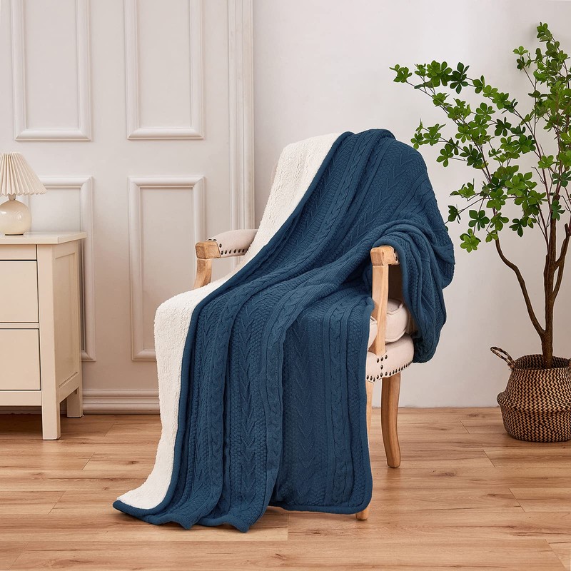 Longhui bedding Acrylic Cable Knit Sherpa Throw Blanket - Thick,