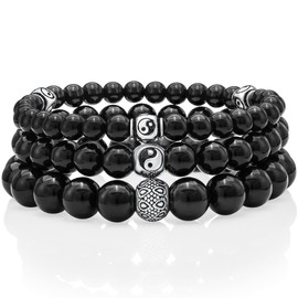 VY JEWELRY Black Onyx 10MM Beaded Bracelet with 925 Sterling Silver Argenti Bead for Men and Women - Made in Thailand - Size S
