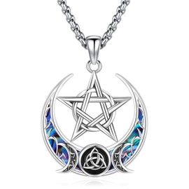 Eusense Pentagram Necklace Triple Moon Goddess Necklace 925 Sterling Silver Hecate Pendant Sun and Moon Pendant Jewellery Gifts Spiritual Amulet Wiccan Pagan Talisman for Men Women, Sterling Silver