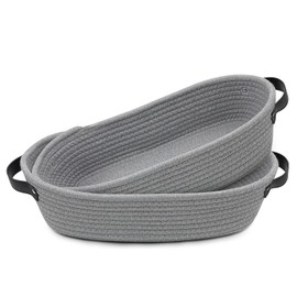 TENQUAN Pack of 2 Basket Storage, Braided Basket Made of Cotton Rope, 34 x 17 x 10 cm with Leather Handle, Storage Basket for Wardrobe, Shelf, Decorative Kitchen, Bedroom, Bathroom (Grey)