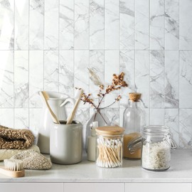 AULIGET 4-Piece Polished White Marble Peel and Stick Backsplash Wall Tiles, 3" x 12" PVC Faux Stone Stick on Tiles for Backsplash Kitchen, Bathroom, Laundry Room, Camper, Fireplace