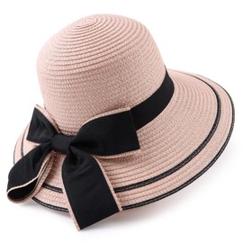 Bamery Summer Floppy Straw Hats Bowknot Wide Brim Sun Hat for Women Beach Hat UPF Visors Cap (A-Pink)