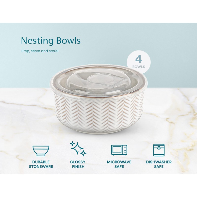 Kook Ceramic Nesting Bowls with Lids, Embossed, Food Storage Containers,