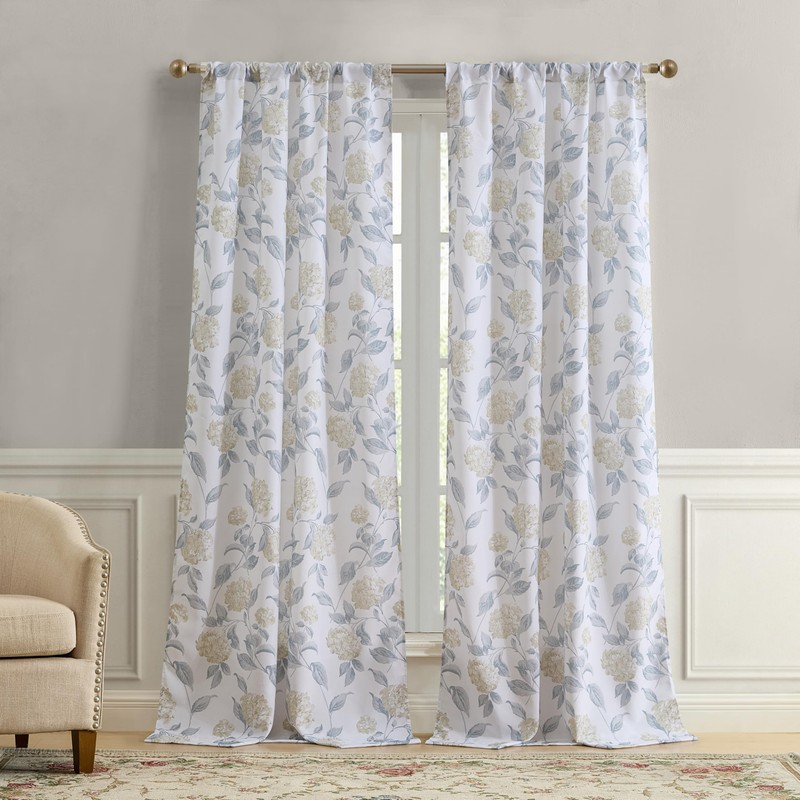Laura Ashley Hydrangea Window Curtains with Rod Pocket, 96-inch Length,