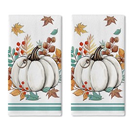Croar Fall White Pumpkin Kitchen Dish Towels Set of 2, Autumn Thanksgiving Maple Leaves Drying Hand Towel Baking Cooking Cloth, Seasonal Bathroom Home Decoration 18 x 26 Inches