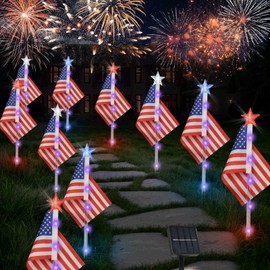 X-GiftKey 4th of July Decorations Outdoor American Flag Lights, 6-Pack Red White and Blue Solar Stars Lights with 6 USA Flags & 30LED,Bright Patriotic Pathway Lights for Memorial Day Yard Lawn Decor