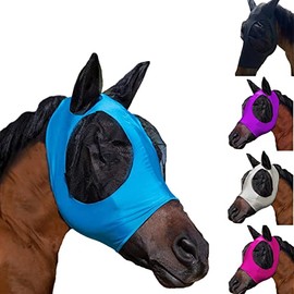 Upgrade Uv Horse Fly Mask with Ears - Equine Sunscreen Lycra Quiet Ride Elasticity Fly Mask with Ear Protection (Blue)