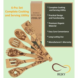 Bejky 6-Pcs Wooden Bamboo Spoons Set - Organic Food Cooking Utensils - Kitchen Accessories and Home Decor - Cookware Gifts for Women - Easy Wash Spatulas - 3D Engraved Patterns (Beauty Fairy Tale)