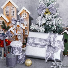 3 Rolls 30 Yards Christmas Ribbon Snowflake Wired Ribbon 2.5" Rustic Burlap Christmas Tree Ribbons Linen Xmas Tree Ribbon Fleece Edge Burlap Ribbon for Craft Party Gift Wrapping (Gray)