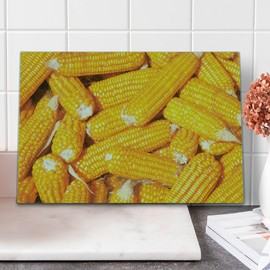 Lunarable Autunm Cutting Board, Harvest Themed Top View Photo of Corns Food Ingredient Fall Closeup Picture, Decorative Tempered Glass Cutting and Serving Board, Large Size, Earth Yellow