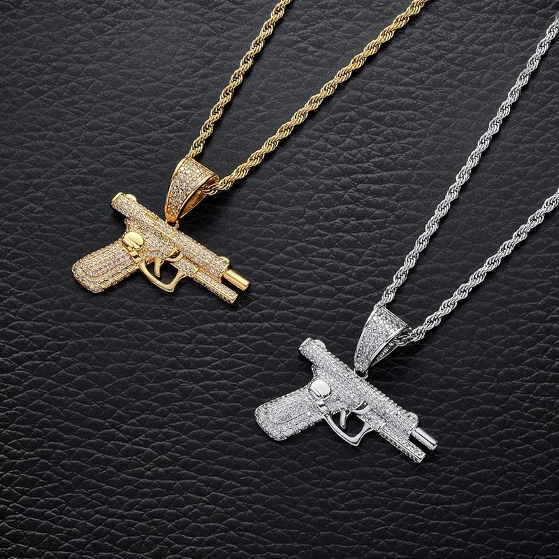 Hip Hop Zircon Pistol Pendant Necklace Stainless Steel Rice Rope