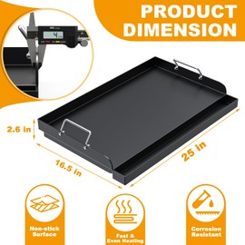 Universal Flat Top Griddle for Gas/Charcoal/Electric Grill, 25" x 16.5" Nonstick FlatTop Carbon Cooking Pan for Weber, Nexgrill, Charbroil, Camp Chef Grill Plate Teppanyaki Insert with Silicone Gloves