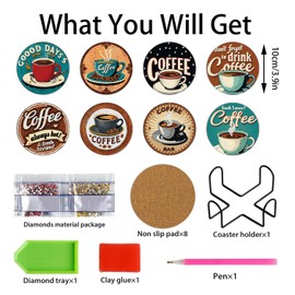 8 PCS Coffee Diamond Art Coasters Kits, Diamond Painting Coasters with Holder Set of 8, DIY Drink Art Crafts Supplies for Adults Cup Mat House Warming Gifts Non-Slip 3.9inch