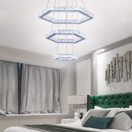 Cainjiazh Modern Crystal Chandeliers Big 3 Rings Led Contemporary Ceiling Lighting Adjustable Stainless Steel Hanging Pendant Light for Bedroom Living Room Dining Room (Cool White)