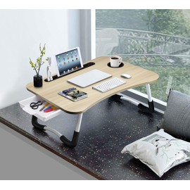 Slendor Lap Desk with Tablet Slot, Foldable Laptop Table with Storage Drawer，Portable Bed Desk for Laptop, Computer Tray with Cup Holder Notebook Stand Reading Holder for Couch Floor, White Maple