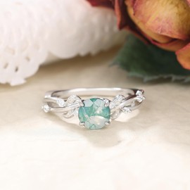 IRROYA Natural Moss Agate Promise Ring for Women 925 Sterling Silver Platinum Plated Art Deco Leaf Green Stone Engagement Wedding Ring for Her Size 9