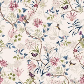 VaryPaper 17.7''x78.7'' Pink Floral Hummingbird Wallpaper Peel and Stick Butterfly Leaf Branch Floral Contact Paper for Cabinets Waterproof Removable Vintage Flower Wallpaper for Bedroom Bathroom