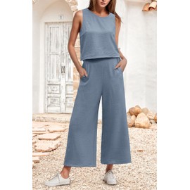 IWOLLENCE Women's Summer 2 Piece Outfits Set Round neck Sleeveless Tank Crop Top Wide Leg pants Set Pockets Jumpsuits Blue Gray X-Large