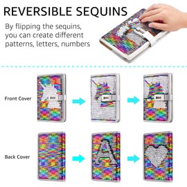 VIPbuy A5 Refillable Diary with Combination Lock,Reversible Sequin Personal Locking Journal Writing Notebook with Card Slots (unicorn)